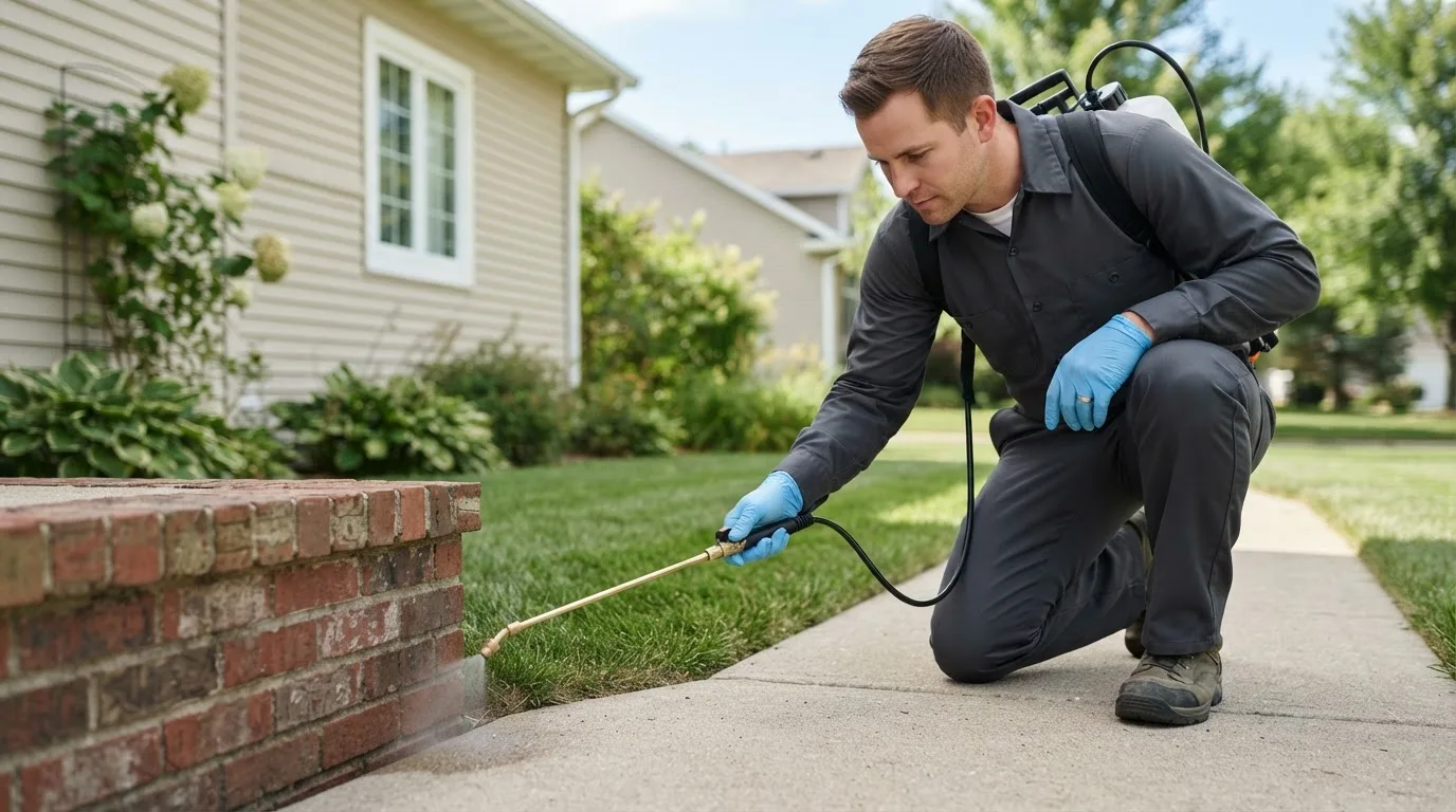 Pest control technician treating a home near Milan, OH